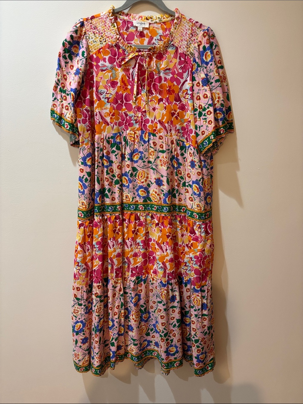 Umgee Pink & Orange Floral Tiered Midi Dress